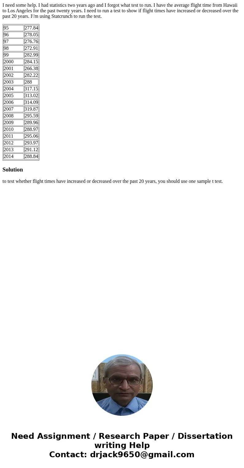 I need some help. I had statistics two years ago and I forgot what test to run. I have the average flight time from Hawaii to Los Angeles for the past twenty ye I need some help. I had statistics two years ago and I forgot what test to run. I have the average flight time from Hawaii to Los Angeles for the past twenty ye