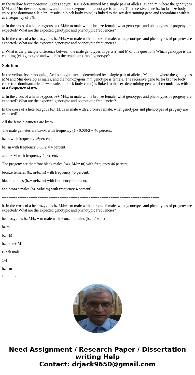 In the yellow fever mosquito, Aedes aegypti, sex is determined by a single pair of alleles, M and m, where the genotypes MM and Mm develop as males, and the hom In the yellow fever mosquito, Aedes aegypti, sex is determined by a single pair of alleles, M and m, where the genotypes MM and Mm develop as males, and the hom
