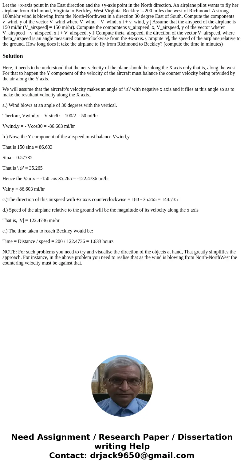 Let the +x-axis point in the East direction and the +y-axis point in the North direction. An airplane pilot wants to fly her airplane from Richmond, Virginia t  Let the +x-axis point in the East direction and the +y-axis point in the North direction. An airplane pilot wants to fly her airplane from Richmond, Virginia t