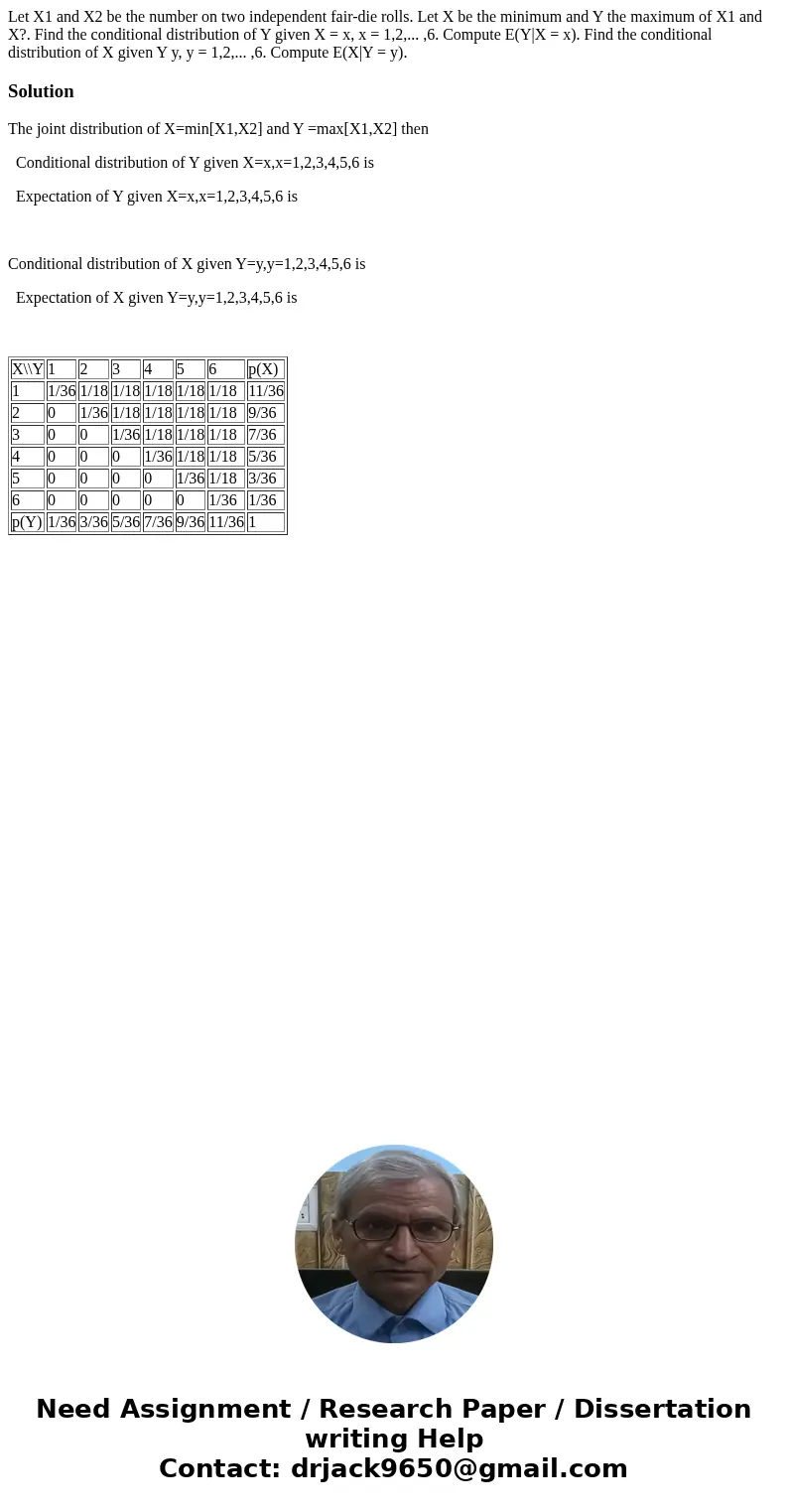 Let X1 and X2 be the number on two independent fair-die rolls. Let X be the minimum and Y the maximum of X1 and X?. Find the conditional distribution of Y give  Let X1 and X2 be the number on two independent fair-die rolls. Let X be the minimum and Y the maximum of X1 and X?. Find the conditional distribution of Y give