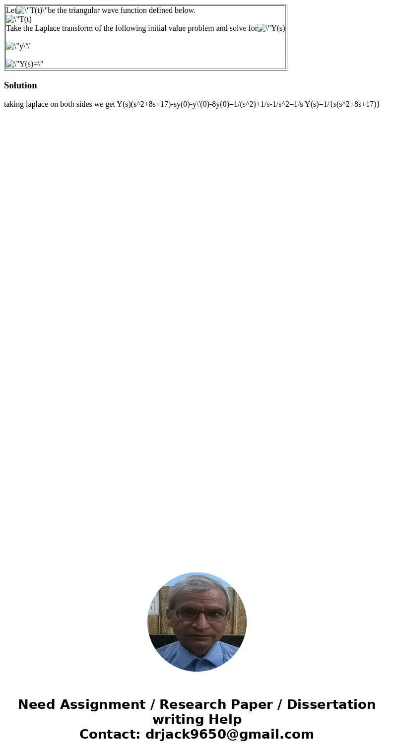 Letbe the triangular wave function defined below. Take the Laplace transform of the following initial value problem and solve for Solution taking laplace on bo  Letbe the triangular wave function defined below. Take the Laplace transform of the following initial value problem and solve for Solution taking laplace on bo