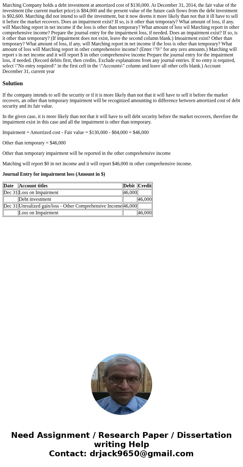  Marching Company holds a debt investment at amortized cost of $130,000. At December 31, 2014, the fair value of the investment (the current market price) is $8
