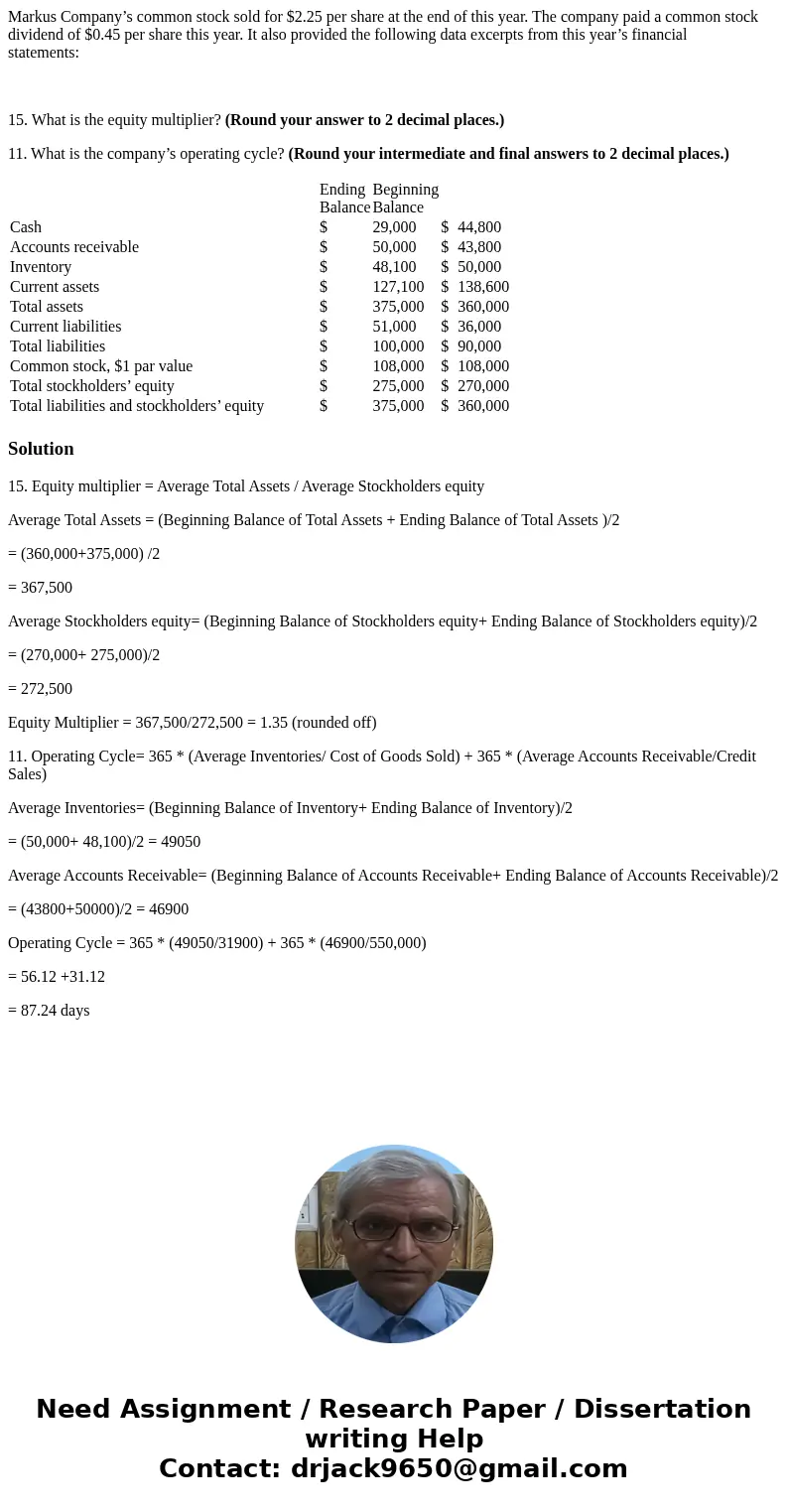 Markus Company’s common stock sold for $2.25 per share at the end of this year. The company paid a common stock dividend of $0.45 per share this year. It also p