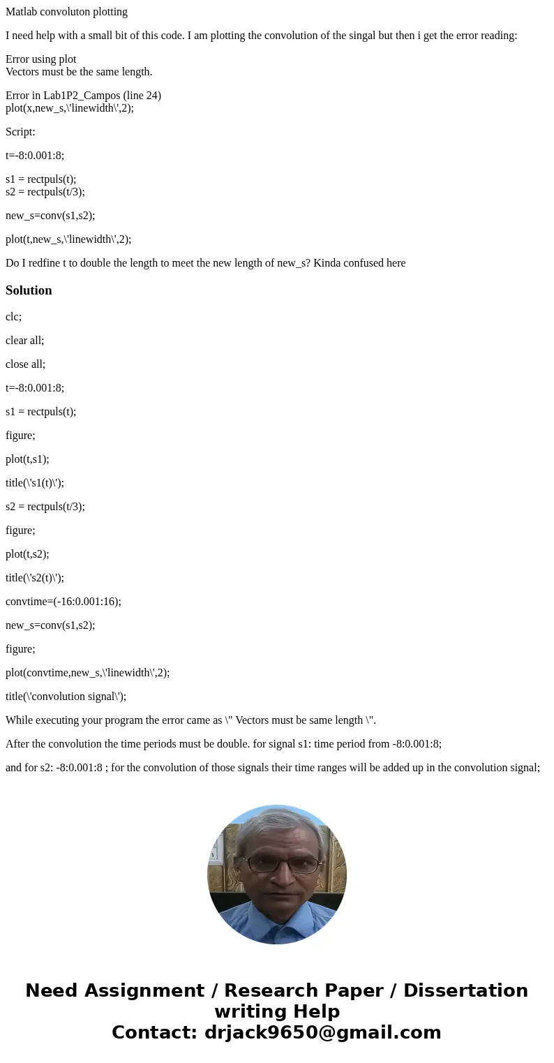 Matlab convoluton plotting I need help with a small bit of this code. I am plotting the convolution of the singal but then i get the error reading: Error using  Matlab convoluton plotting I need help with a small bit of this code. I am plotting the convolution of the singal but then i get the error reading: Error using