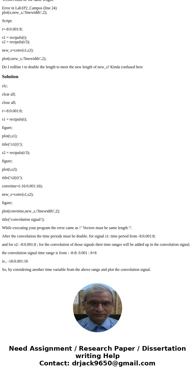 Matlab convoluton plotting I need help with a small bit of this code. I am plotting the convolution of the singal but then i get the error reading: Error using  Matlab convoluton plotting I need help with a small bit of this code. I am plotting the convolution of the singal but then i get the error reading: Error using