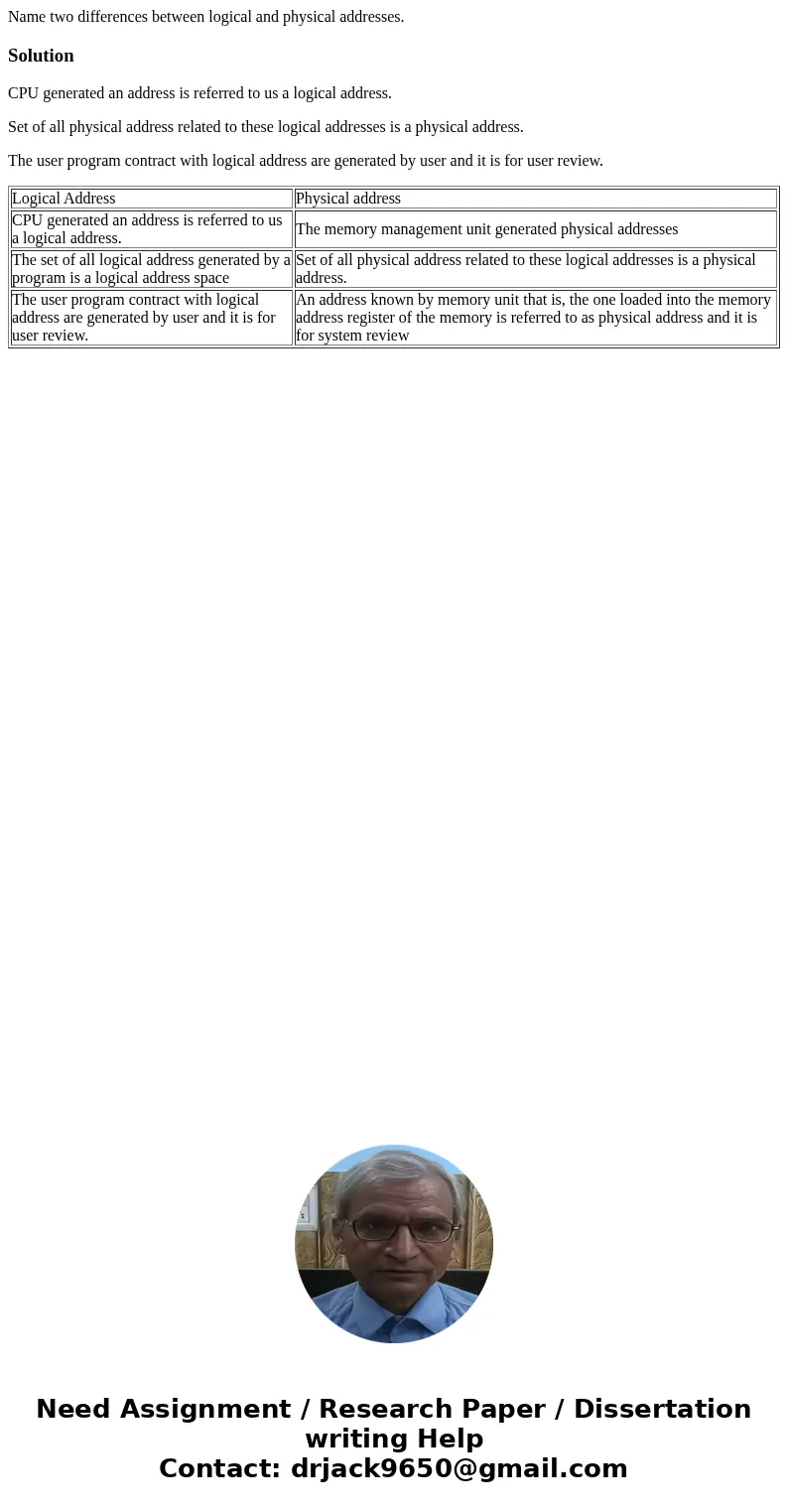 Name two differences between logical and physical addresses.SolutionCPU generated an address is referred to us a logical address. Set of all physical address re Name two differences between logical and physical addresses.SolutionCPU generated an address is referred to us a logical address. Set of all physical address re