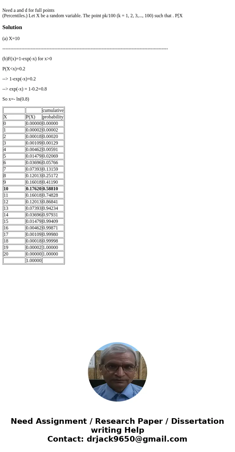 Need a and d for full points (Percentiles.) Let X be a random variable. The point pk/100 (k = 1, 2, 3,..., 100) such that . P[X Solution(a) X=10 --------------  Need a and d for full points (Percentiles.) Let X be a random variable. The point pk/100 (k = 1, 2, 3,..., 100) such that . P[X Solution(a) X=10 --------------