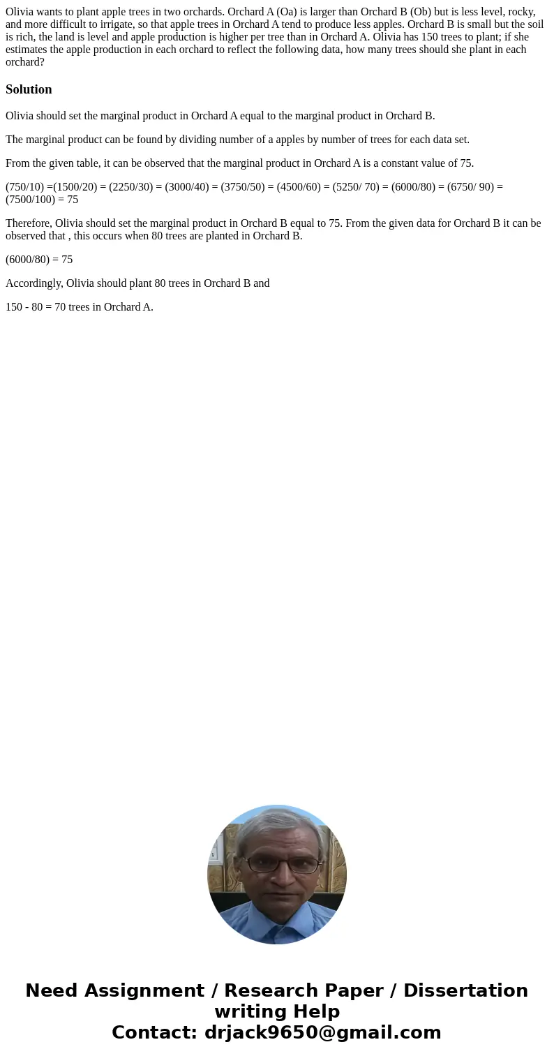 Olivia wants to plant apple trees in two orchards. Orchard A (Oa) is larger than Orchard B (Ob) but is less level, rocky, and more difficult to irrigate, so th  Olivia wants to plant apple trees in two orchards. Orchard A (Oa) is larger than Orchard B (Ob) but is less level, rocky, and more difficult to irrigate, so th