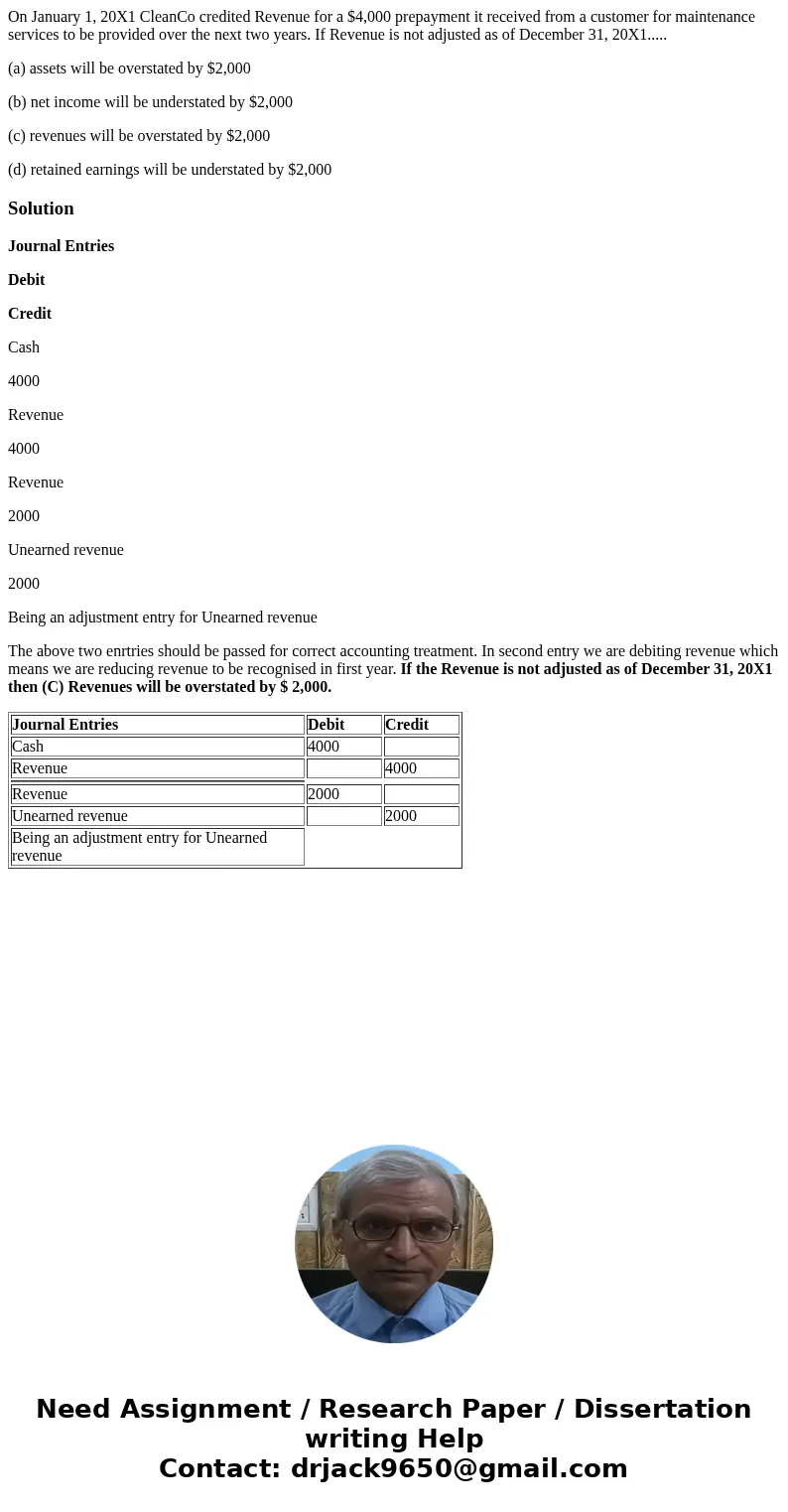 On January 1, 20X1 CleanCo credited Revenue for a $4,000 prepayment it received from a customer for maintenance services to be provided over the next two years.