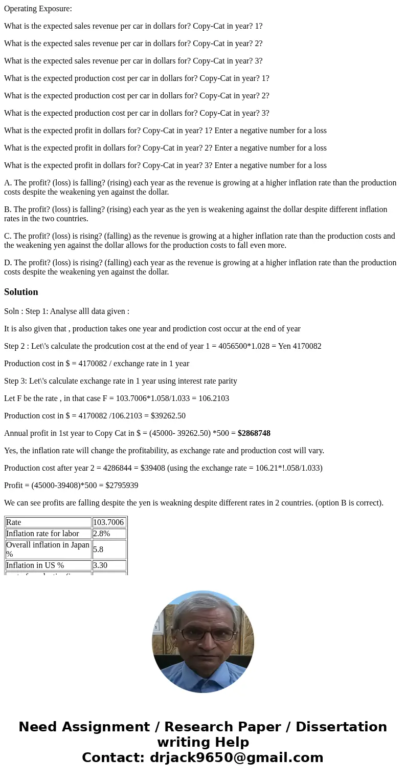 Operating Exposure: What is the expected sales revenue per car in dollars for? Copy-Cat in year? 1? What is the expected sales revenue per car in dollars for? C Operating Exposure: What is the expected sales revenue per car in dollars for? Copy-Cat in year? 1? What is the expected sales revenue per car in dollars for? C