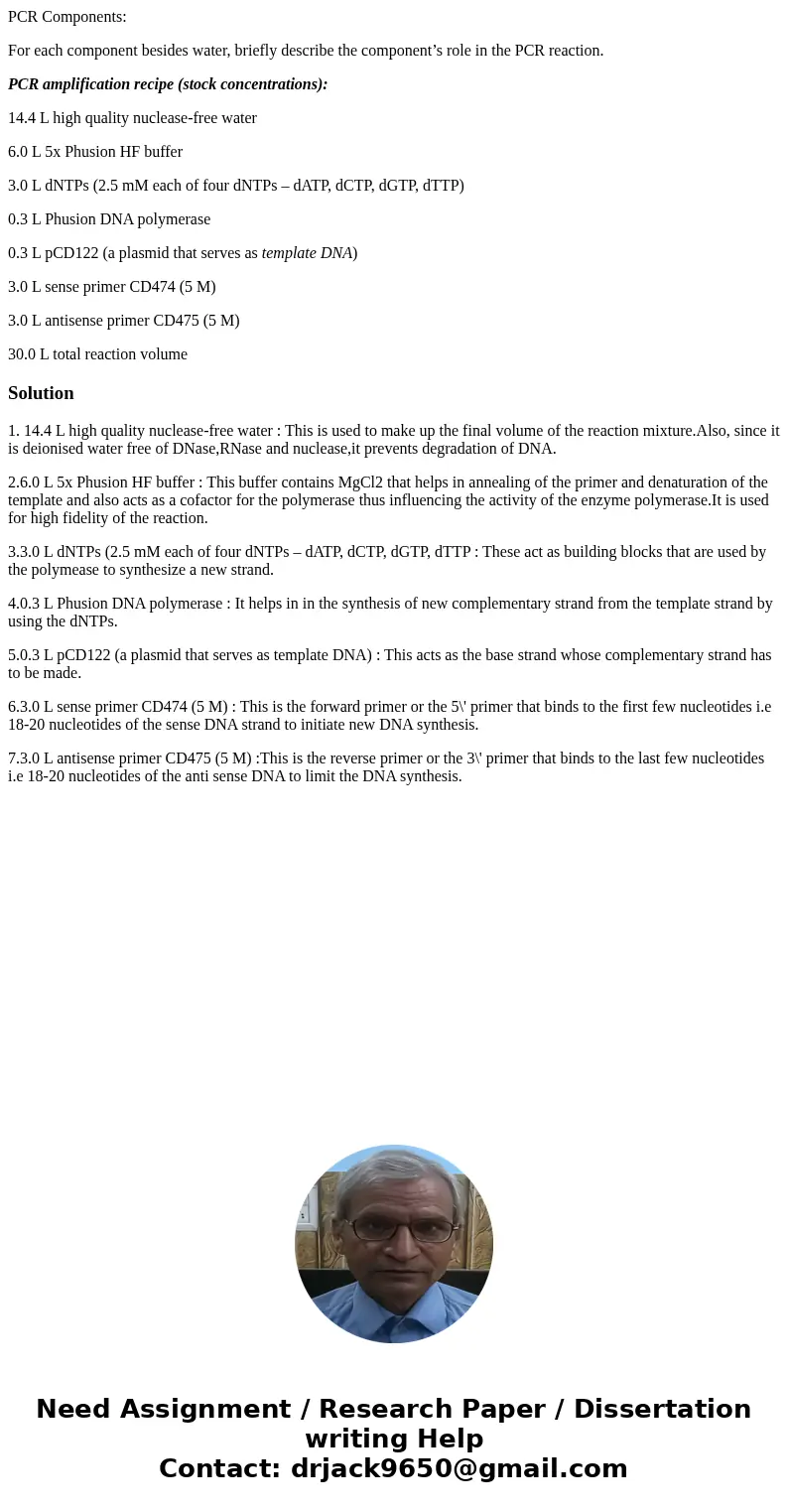 PCR Components: For each component besides water, briefly describe the component’s role in the PCR reaction. PCR amplification recipe (stock concentrations): 14 PCR Components: For each component besides water, briefly describe the component’s role in the PCR reaction. PCR amplification recipe (stock concentrations): 14