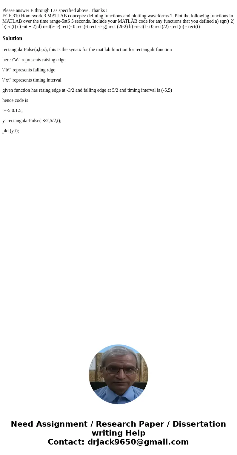 Please answer E through I as specified above. Thanks ! ECE 310 Homework 3 MATLAB concepts: defining functions and plotting waveforms 1. Plot the following func  Please answer E through I as specified above. Thanks ! ECE 310 Homework 3 MATLAB concepts: defining functions and plotting waveforms 1. Plot the following func