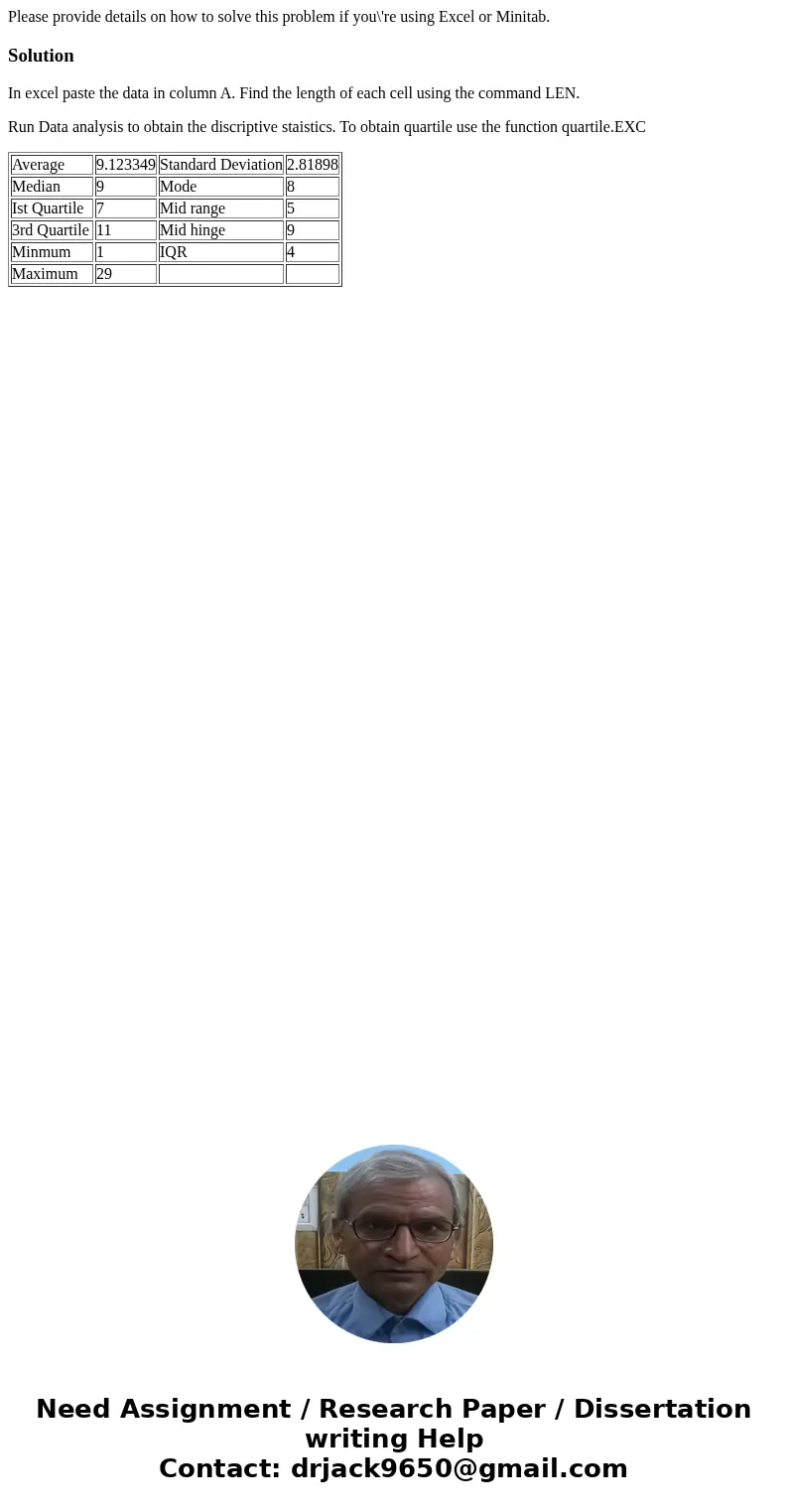 Please provide details on how to solve this problem if you\'re using Excel or Minitab.SolutionIn excel paste the data in column A. Find the length of each cell  Please provide details on how to solve this problem if you\'re using Excel or Minitab.SolutionIn excel paste the data in column A. Find the length of each cell