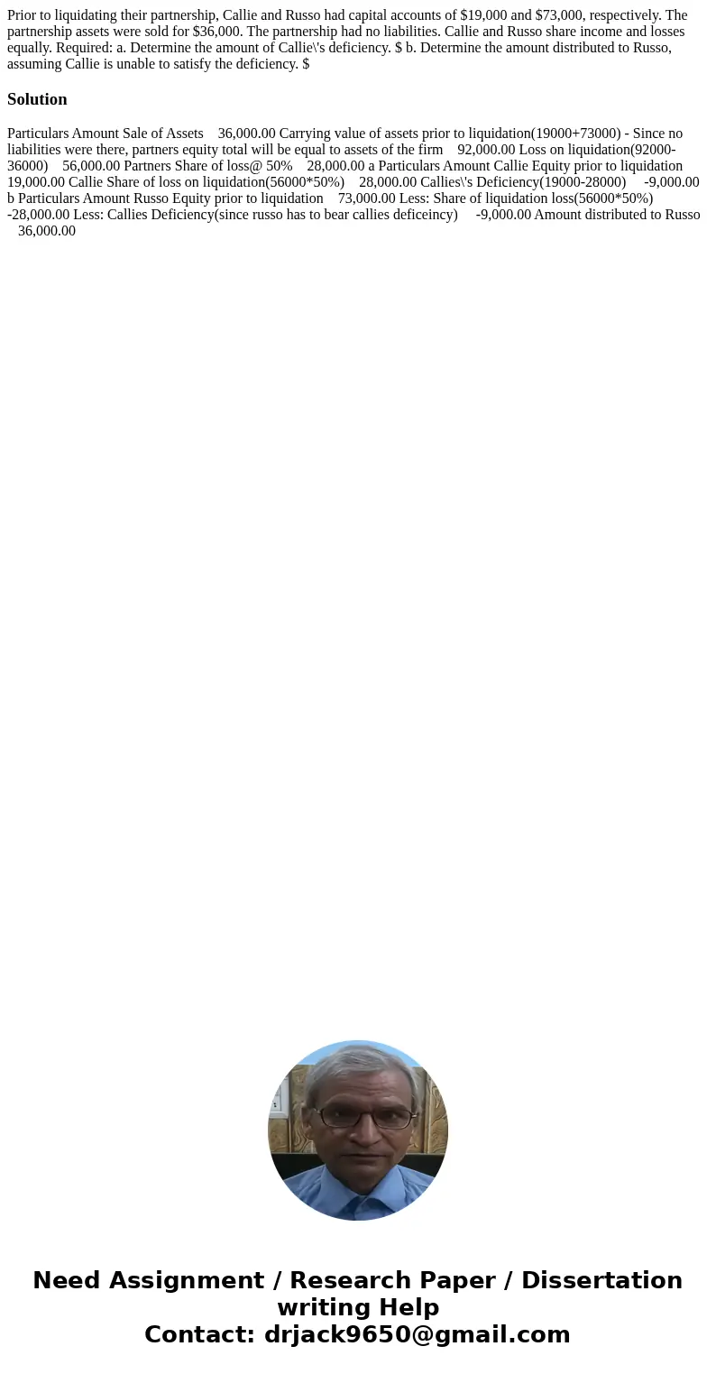 Prior to liquidating their partnership, Callie and Russo had capital accounts of $19,000 and $73,000, respectively. The partnership assets were sold for $36,000 Prior to liquidating their partnership, Callie and Russo had capital accounts of $19,000 and $73,000, respectively. The partnership assets were sold for $36,000