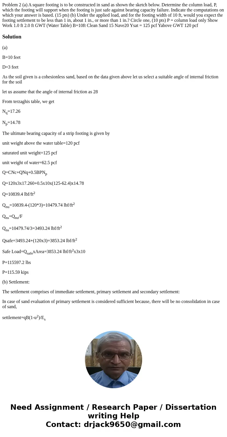 Problem 2 (a) A square footing is to be constructed in sand as shown the sketch below. Determine the column load, P, which the footing will support when the fo  Problem 2 (a) A square footing is to be constructed in sand as shown the sketch below. Determine the column load, P, which the footing will support when the fo