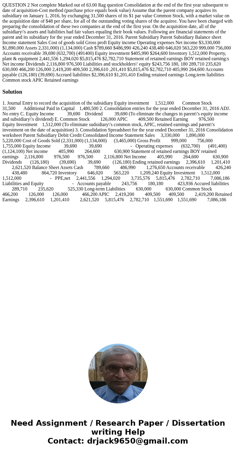 QUESTION 2 Not complete Marked out of 63.00 Rag question Consolidation at the end of the first year subsequent to date of acquisition-Cost method (purchase pri  QUESTION 2 Not complete Marked out of 63.00 Rag question Consolidation at the end of the first year subsequent to date of acquisition-Cost method (purchase pri