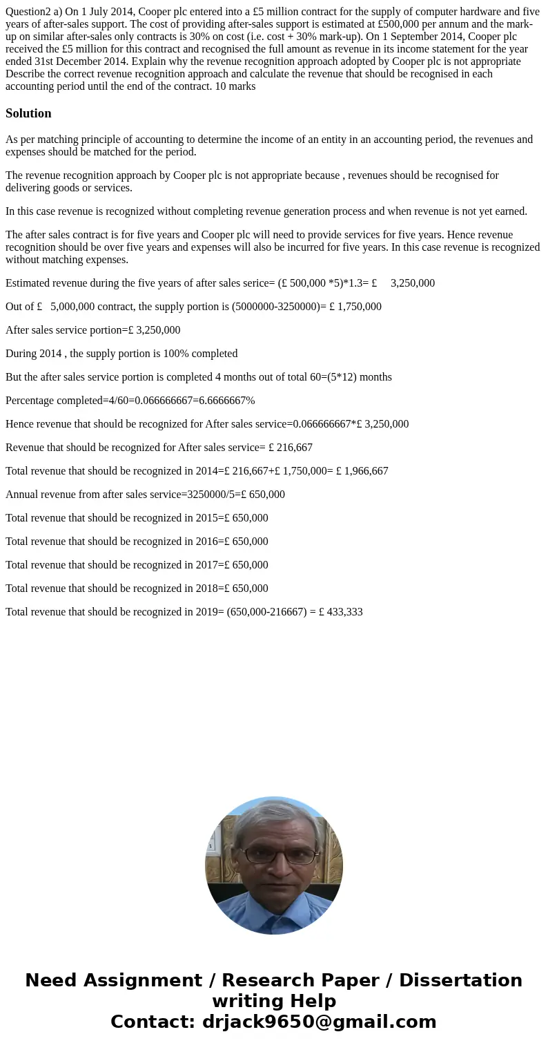 Question2 a) On 1 July 2014, Cooper plc entered into a £5 million contract for the supply of computer hardware and five years of after-sales support. The cost   Question2 a) On 1 July 2014, Cooper plc entered into a £5 million contract for the supply of computer hardware and five years of after-sales support. The cost