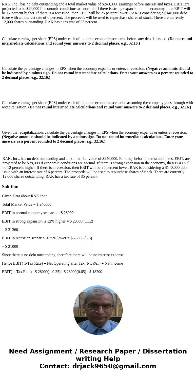 RAK, Inc., has no debt outstanding and a total market value of $240,000. Earnings before interest and taxes, EBIT, are projected to be $28,000 if economic condi RAK, Inc., has no debt outstanding and a total market value of $240,000. Earnings before interest and taxes, EBIT, are projected to be $28,000 if economic condi