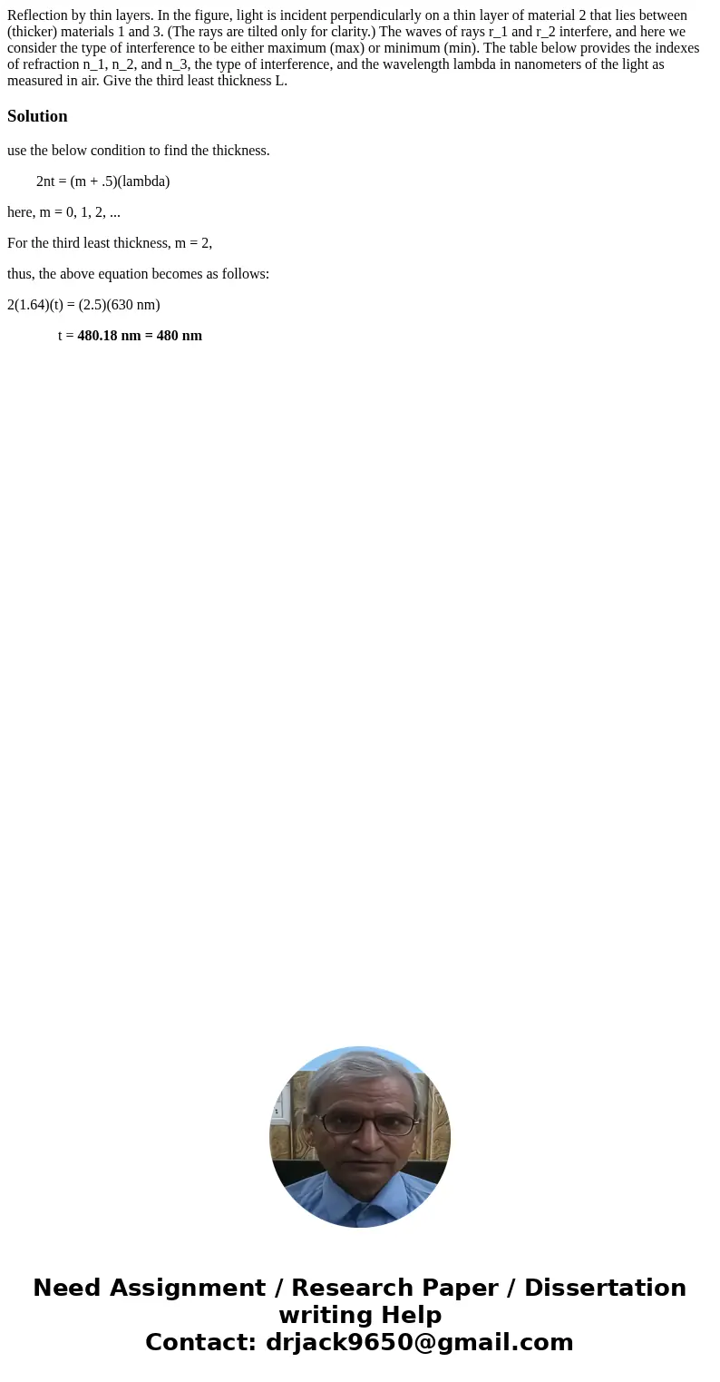 Reflection by thin layers. In the figure, light is incident perpendicularly on a thin layer of material 2 that lies between (thicker) materials 1 and 3. (The r  Reflection by thin layers. In the figure, light is incident perpendicularly on a thin layer of material 2 that lies between (thicker) materials 1 and 3. (The r