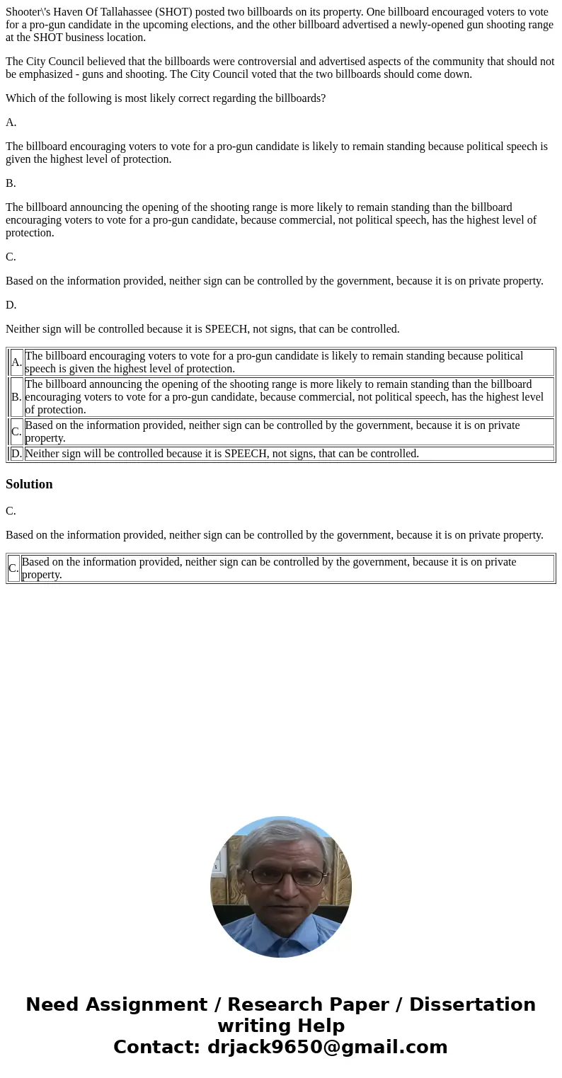 Shooter\'s Haven Of Tallahassee (SHOT) posted two billboards on its property. One billboard encouraged voters to vote for a pro-gun candidate in the upcoming el Shooter\'s Haven Of Tallahassee (SHOT) posted two billboards on its property. One billboard encouraged voters to vote for a pro-gun candidate in the upcoming el