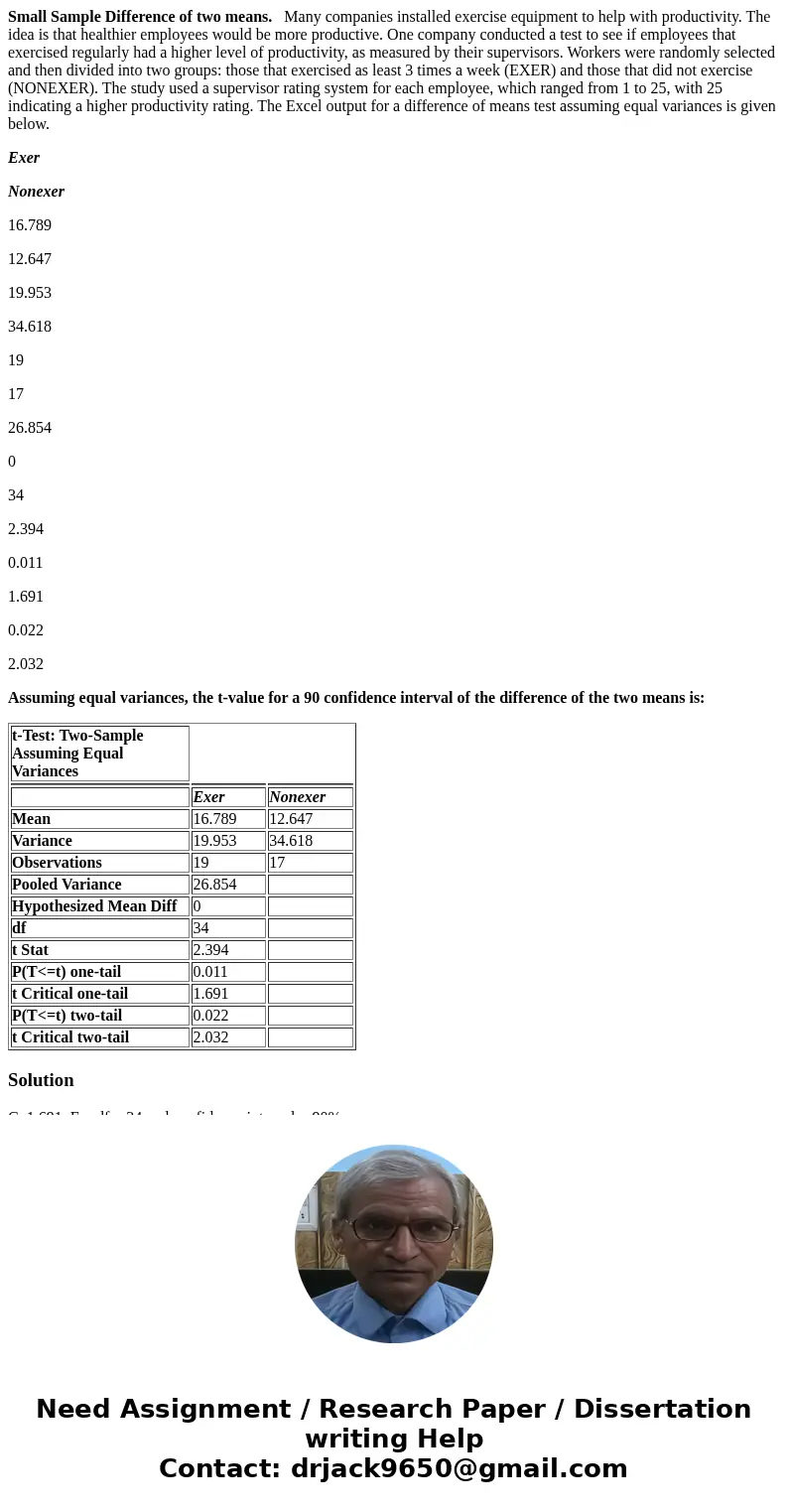 Small Sample Difference of two means. Many companies installed exercise equipment to help with productivity. The idea is that healthier employees would be more 