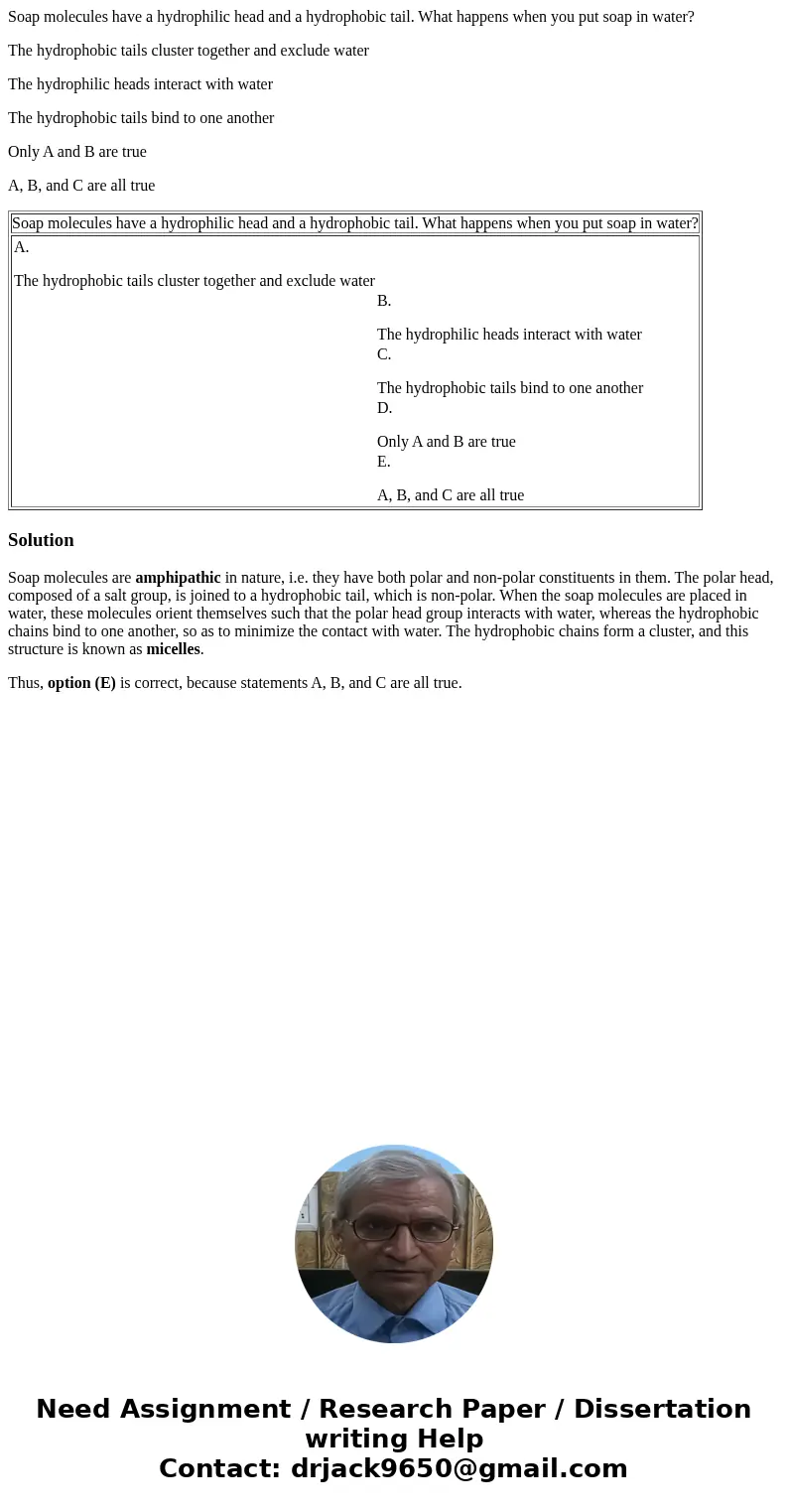 Soap molecules have a hydrophilic head and a hydrophobic tail. What happens when you put soap in water? The hydrophobic tails cluster together and exclude water