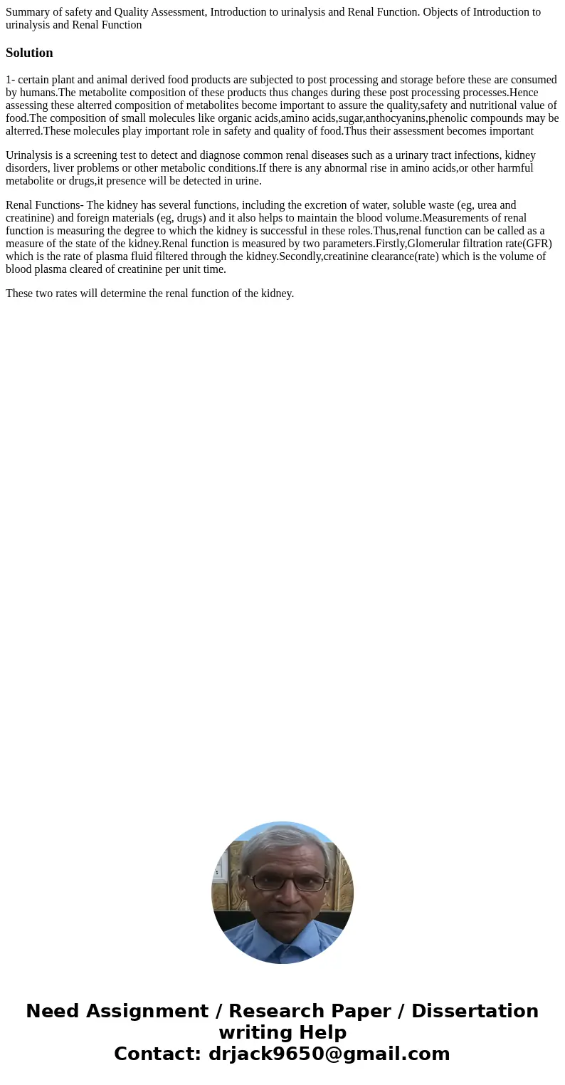 Summary of safety and Quality Assessment, Introduction to urinalysis and Renal Function. Objects of Introduction to urinalysis and Renal FunctionSolution1- cer  Summary of safety and Quality Assessment, Introduction to urinalysis and Renal Function. Objects of Introduction to urinalysis and Renal FunctionSolution1- cer