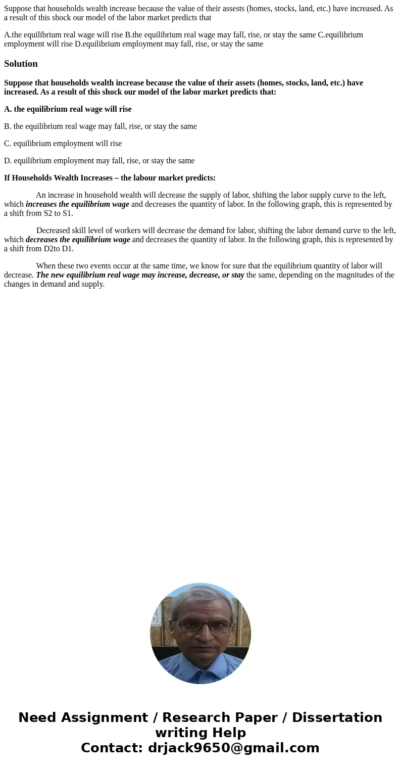 Suppose that households wealth increase because the value of their assests (homes, stocks, land, etc.) have increased. As a result of this shock our model of th Suppose that households wealth increase because the value of their assests (homes, stocks, land, etc.) have increased. As a result of this shock our model of th