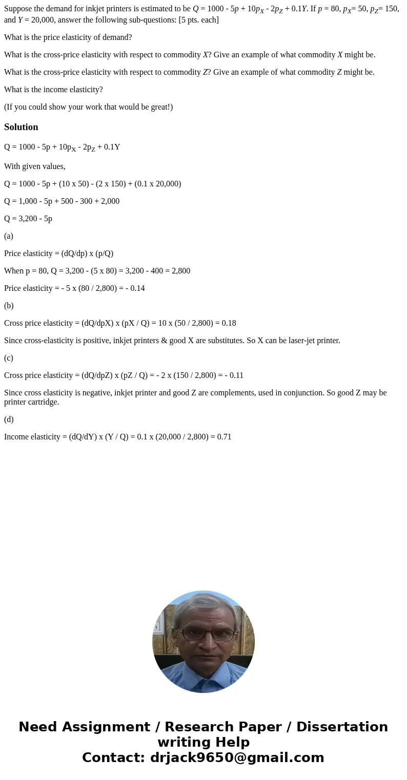 Suppose the demand for inkjet printers is estimated to be Q = 1000 - 5p + 10pX - 2pZ + 0.1Y. If p = 80, pX= 50, pZ= 150, and Y = 20,000, answer the following su Suppose the demand for inkjet printers is estimated to be Q = 1000 - 5p + 10pX - 2pZ + 0.1Y. If p = 80, pX= 50, pZ= 150, and Y = 20,000, answer the following su