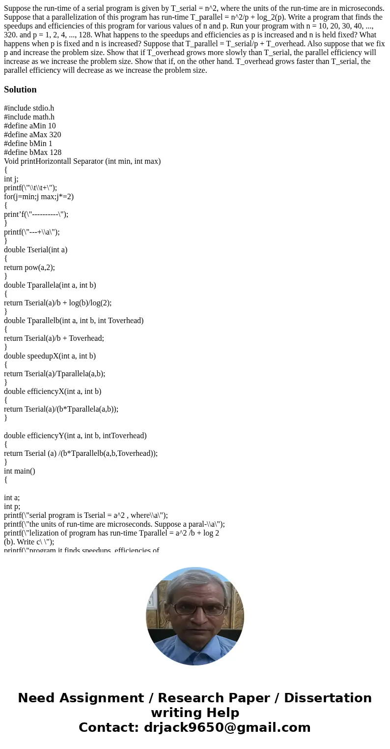  Suppose the run-time of a serial program is given by T_serial = n^2, where the units of the run-time are in microseconds. Suppose that a parallelization of thi