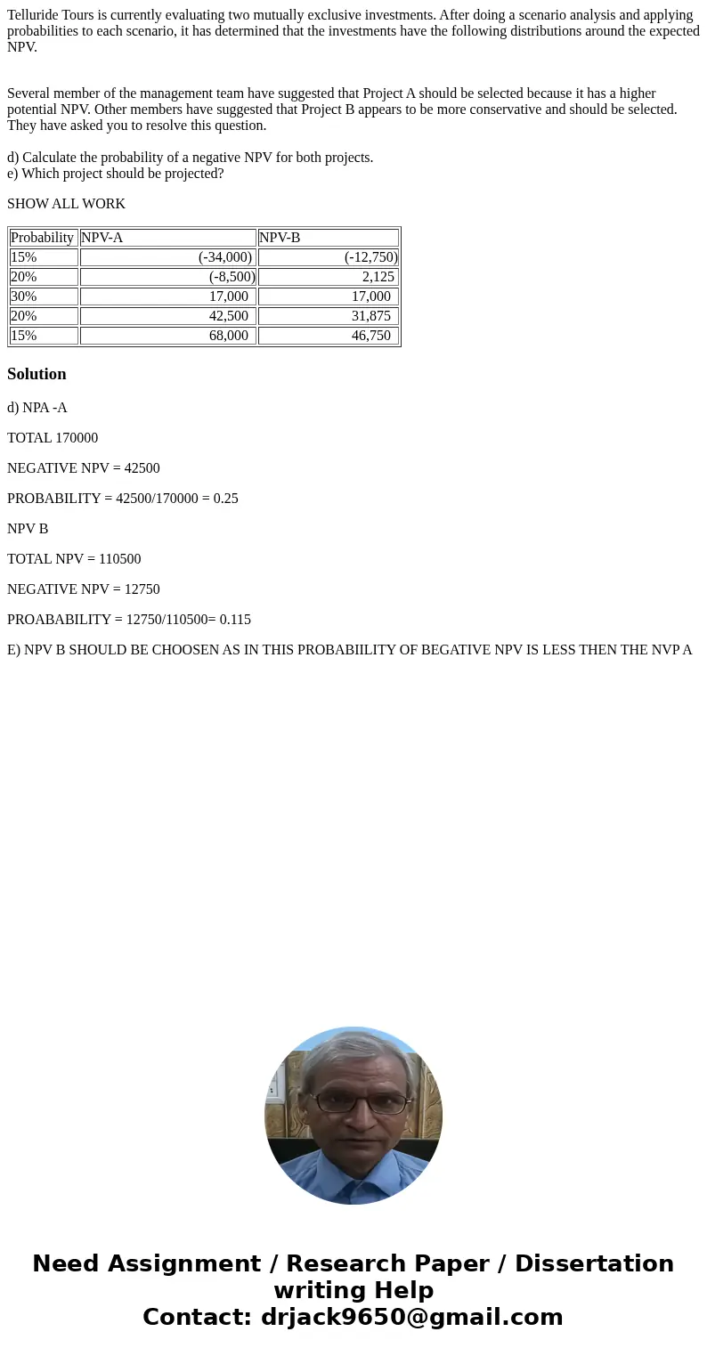 Telluride Tours is currently evaluating two mutually exclusive investments. After doing a scenario analysis and applying probabilities to each scenario, it has  Telluride Tours is currently evaluating two mutually exclusive investments. After doing a scenario analysis and applying probabilities to each scenario, it has