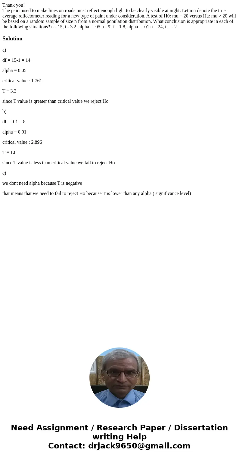 Thank you! The paint used to make lines on roads must reflect enough light to be clearly visible at night. Let mu denote the true average reflectometer reading 