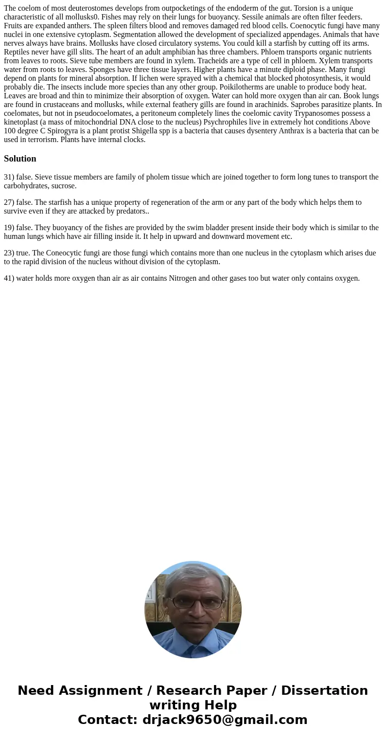  The coelom of most deuterostomes develops from outpocketings of the endoderm of the gut. Torsion is a unique characteristic of all mollusks0. Fishes may rely o