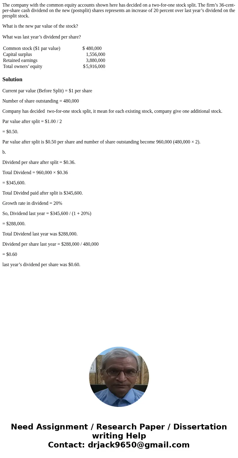 The company with the common equity accounts shown here has decided on a two-for-one stock split. The firm’s 36-cent-per-share cash dividend on the new (postspli