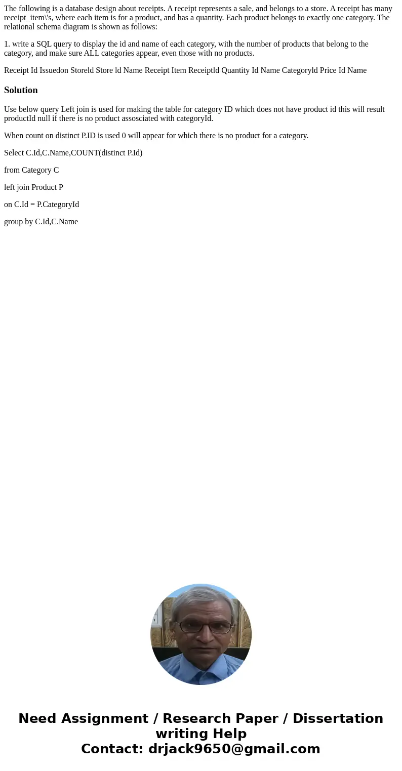 The following is a database design about receipts. A receipt represents a sale, and belongs to a store. A receipt has many receipt_item\'s, where each item is f The following is a database design about receipts. A receipt represents a sale, and belongs to a store. A receipt has many receipt_item\'s, where each item is f
