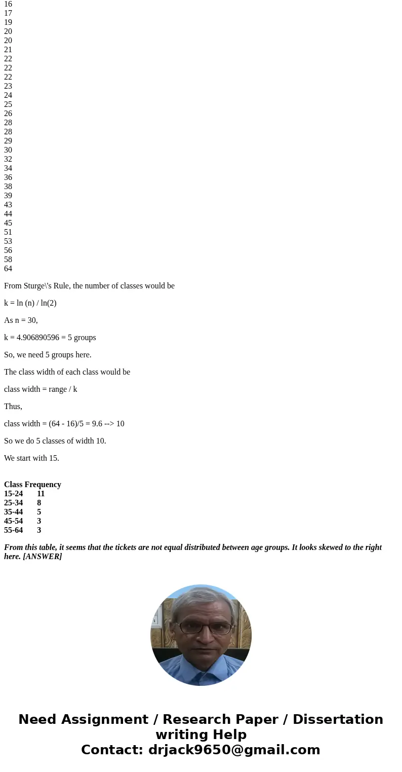 The following scores are the ages for a random sample of n = 30 drivers who were issued speeding tickets in New York during 2008. Determine the best interval wi The following scores are the ages for a random sample of n = 30 drivers who were issued speeding tickets in New York during 2008. Determine the best interval wi