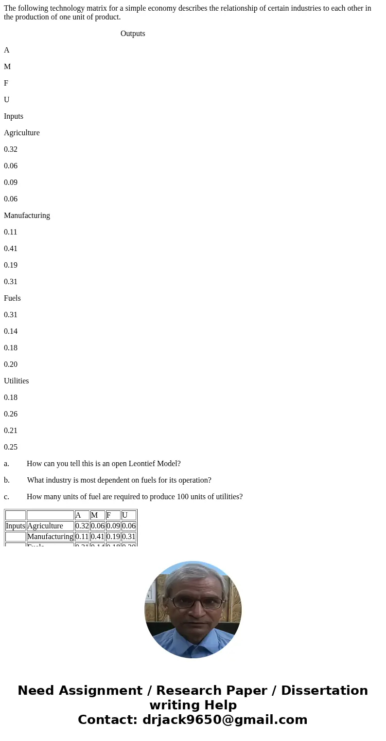 The following technology matrix for a simple economy describes the relationship of certain industries to each other in the production of one unit of product. Ou The following technology matrix for a simple economy describes the relationship of certain industries to each other in the production of one unit of product. Ou