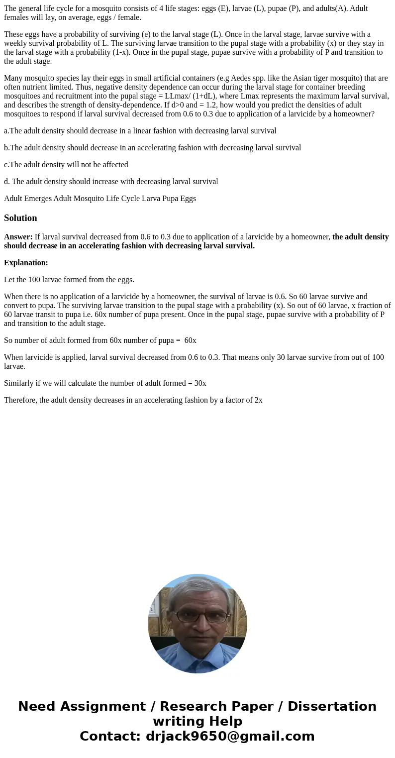The general life cycle for a mosquito consists of 4 life stages: eggs (E), larvae (L), pupae (P), and adults(A). Adult females will lay, on average, eggs / fema