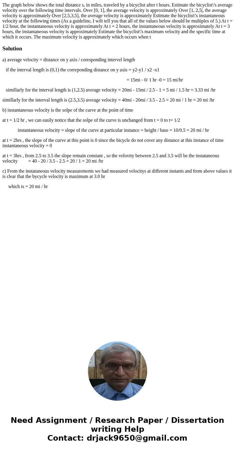 The graph below shows the total distance s, in miles, traveled by a bicyclist after t hours. Estimate the bicyclist\'s average velocity over the following time  The graph below shows the total distance s, in miles, traveled by a bicyclist after t hours. Estimate the bicyclist\'s average velocity over the following time