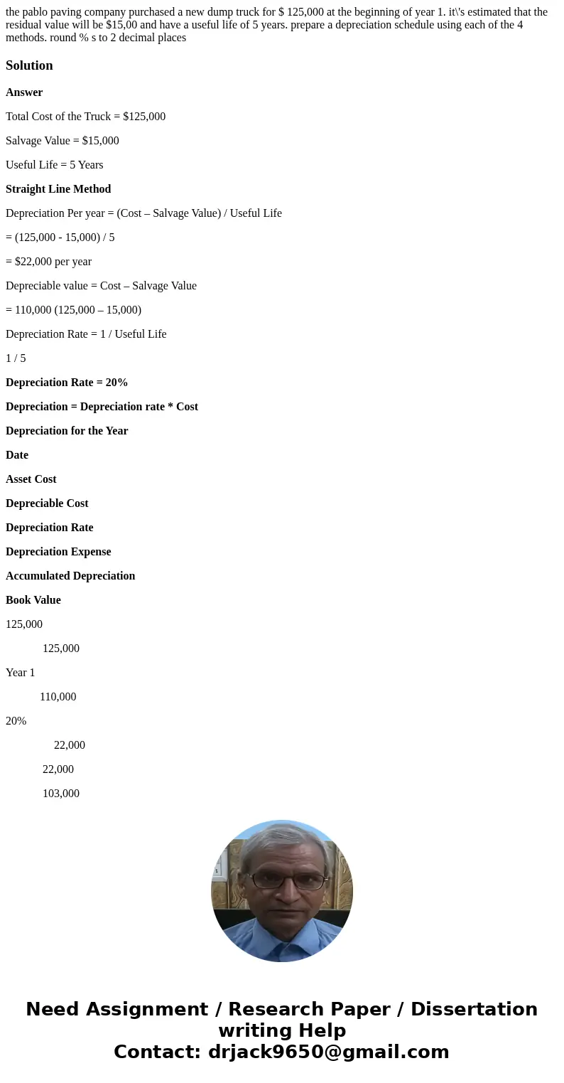 the pablo paving company purchased a new dump truck for $ 125,000 at the beginning of year 1. it\'s estimated that the residual value will be $15,00 and have a 