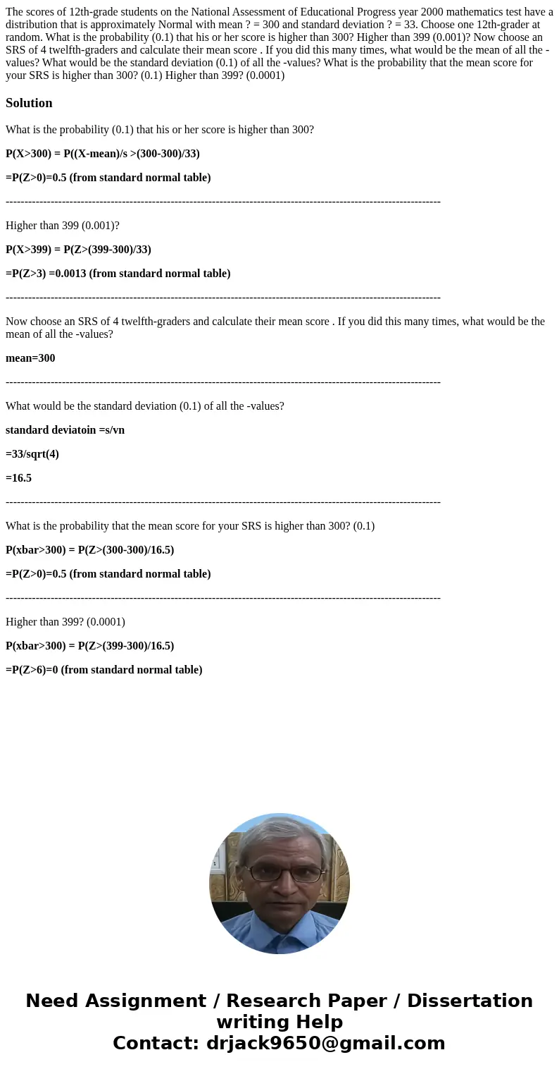 The scores of 12th-grade students on the National Assessment of Educational Progress year 2000 mathematics test have a distribution that is approximately Normal The scores of 12th-grade students on the National Assessment of Educational Progress year 2000 mathematics test have a distribution that is approximately Normal