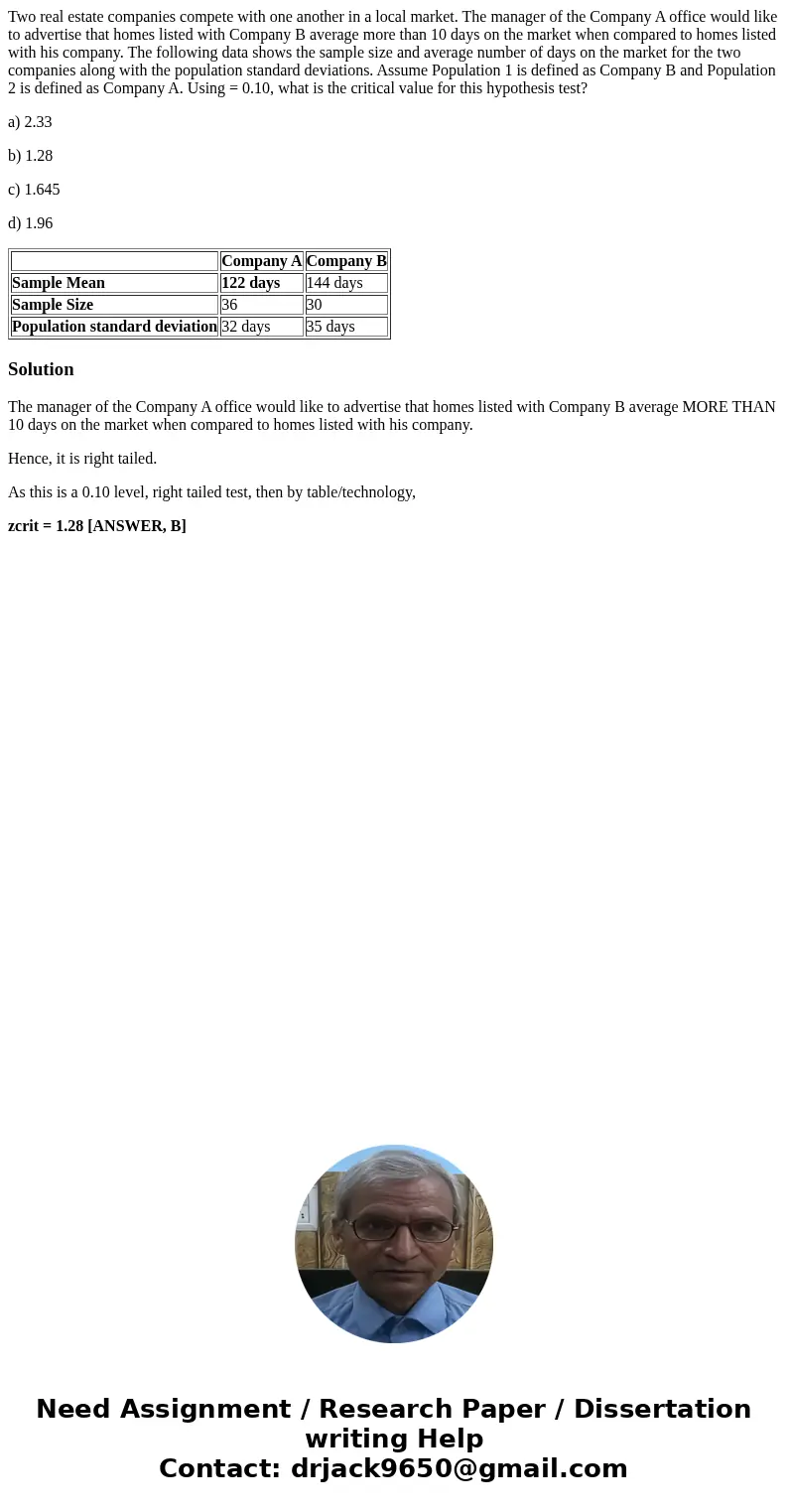 Two real estate companies compete with one another in a local market. The manager of the Company A office would like to advertise that homes listed with Company Two real estate companies compete with one another in a local market. The manager of the Company A office would like to advertise that homes listed with Company