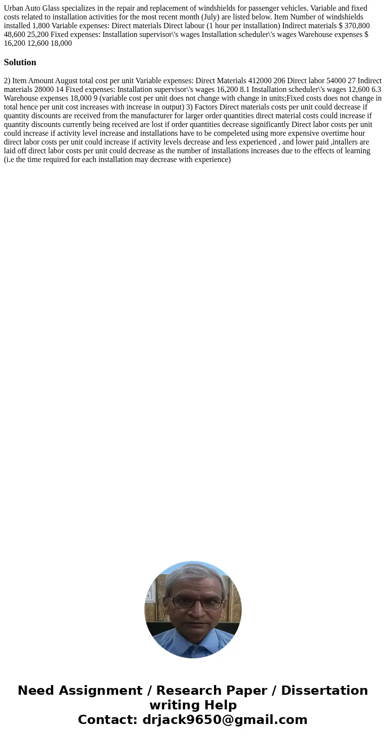 Urban Auto Glass specializes in the repair and replacement of windshields for passenger vehicles. Variable and fixed costs related to installation activities f  Urban Auto Glass specializes in the repair and replacement of windshields for passenger vehicles. Variable and fixed costs related to installation activities f