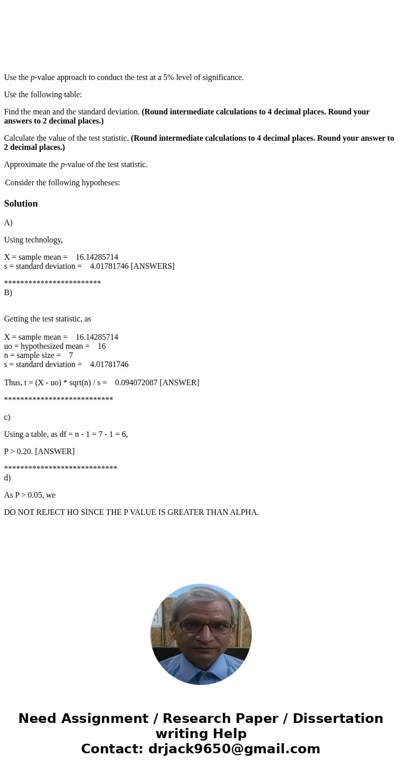 Use the p-value approach to conduct the test at a 5% level of significance. Use the following table: Find the mean and the standard deviation. (Round intermedi  Use the p-value approach to conduct the test at a 5% level of significance. Use the following table: Find the mean and the standard deviation. (Round intermedi