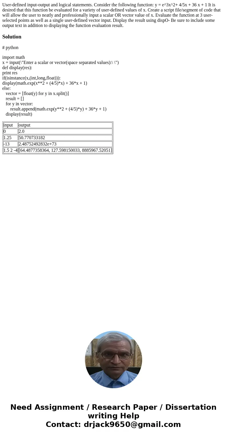User-defined input-output and logical statements. Consider the following function: y = e^3x^2+ 4/5x + 36 x + 1 It is desired that this function be evaluated fo  User-defined input-output and logical statements. Consider the following function: y = e^3x^2+ 4/5x + 36 x + 1 It is desired that this function be evaluated fo