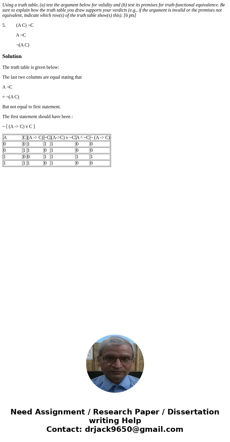 Using a truth table, (a) test the argument below for validity and (b) test its premises for truth-functional equivalence. Be sure to explain how the truth table