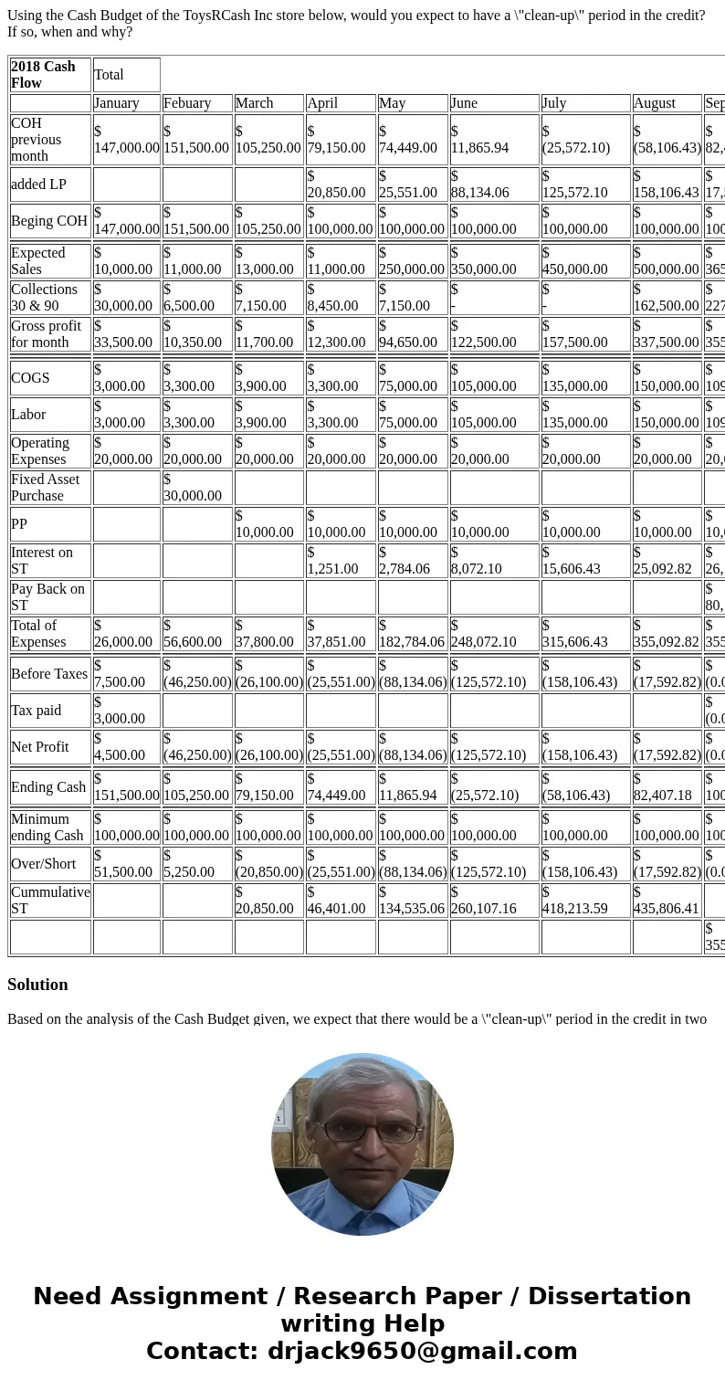 Using the Cash Budget of the ToysRCash Inc store below, would you expect to have a \