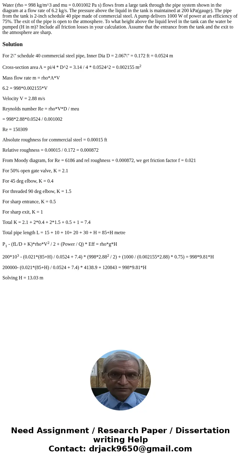  Water (rho = 998 kg/m^3 and mu = 0.001002 Pa s) flows from a large tank through the pipe system shown in the diagram at a flow rate of 6.2 kg/s. The pressure a