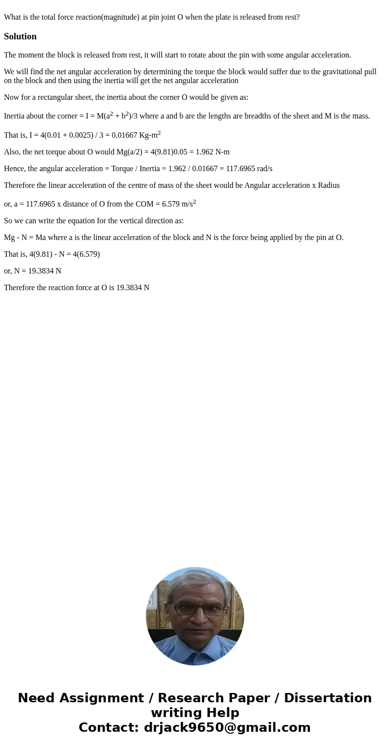 What is the total force reaction(magnitude) at pin joint O when the plate is released from rest?SolutionThe moment the block is released from rest, it will sta  What is the total force reaction(magnitude) at pin joint O when the plate is released from rest?SolutionThe moment the block is released from rest, it will sta