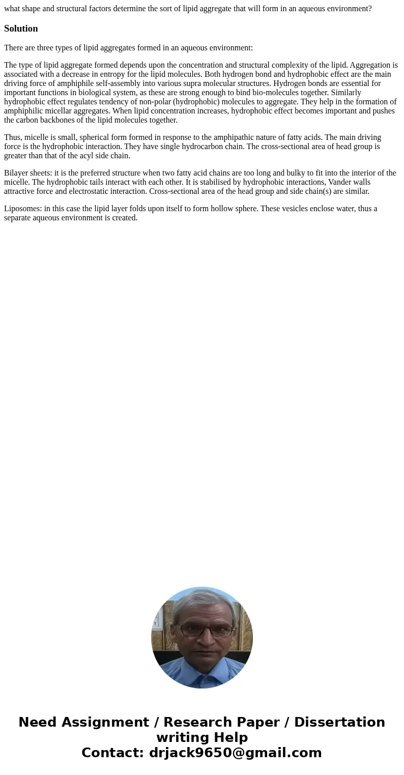 what shape and structural factors determine the sort of lipid aggregate that will form in an aqueous environment?SolutionThere are three types of lipid aggregat what shape and structural factors determine the sort of lipid aggregate that will form in an aqueous environment?SolutionThere are three types of lipid aggregat